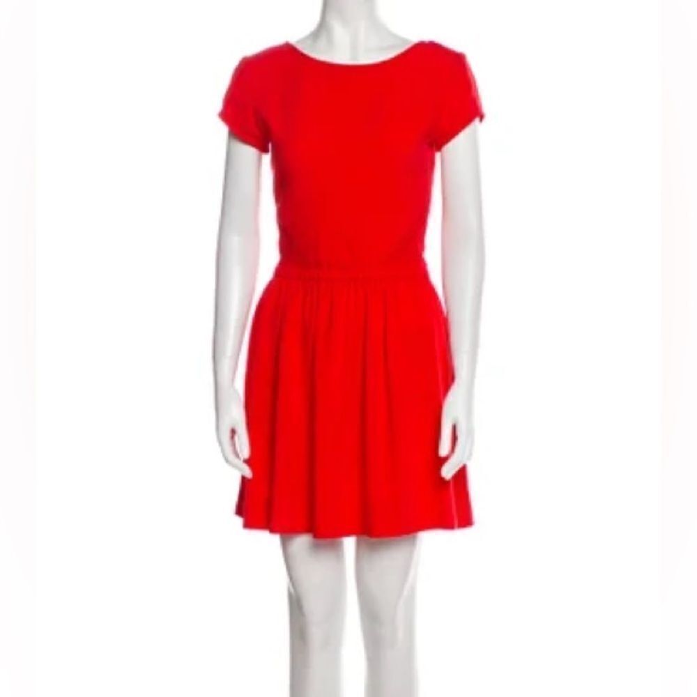 Maje Fit & Flare Mini Dress in Red Smocked Sides Pockets Double Scoop Size 1/S